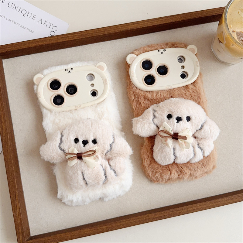 Phone Cases For Iphone 15 - 3D-Cartoon-Bowknot-Welpen-warme, flauschige Plüsch-Handyhülle für iPhone 17,