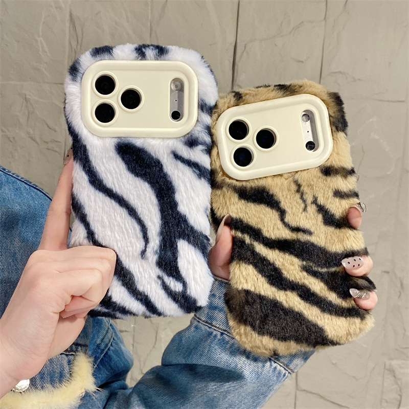 Phone Cases For Iphone 15 - Luxuriöse Zebra-Muster Flauschige Plüsch-Handyhülle für iPhone